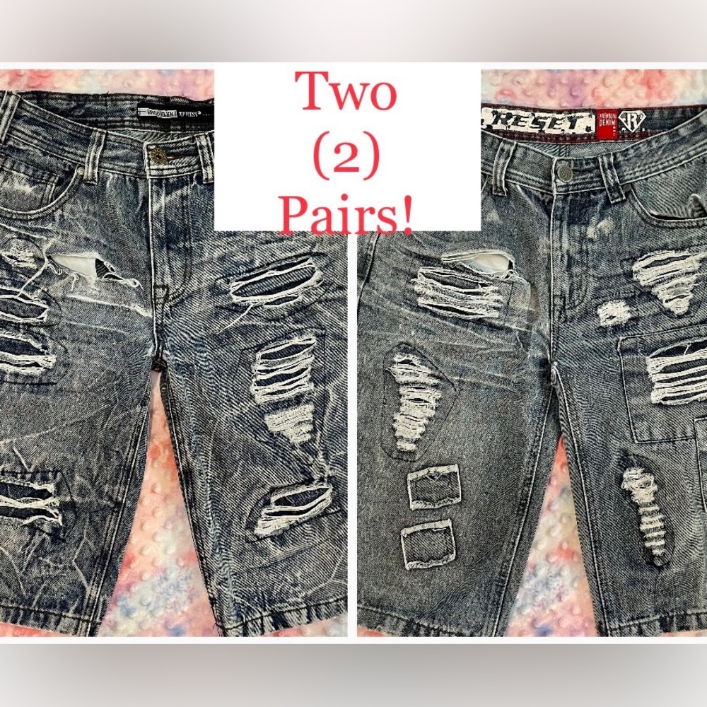 Two Pairs of Men’s size 30 Skater Jean Shorts, Very distressed as it should be